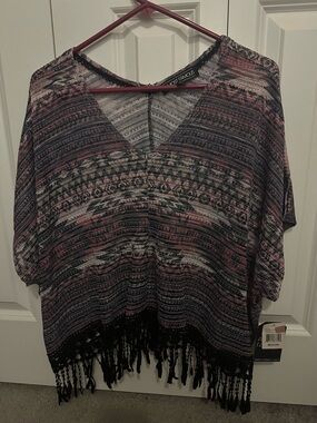 Almost Famous Pink, Black & Gray Patterned Cropped Fringe Top